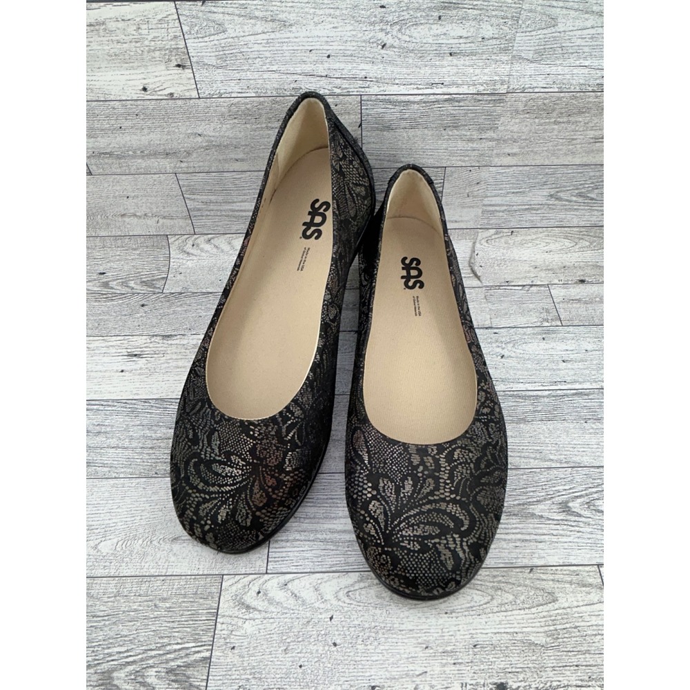SAS Scenic Women Sz 9 W Black Bronze Lace Leather Ballet Flats Made in USA